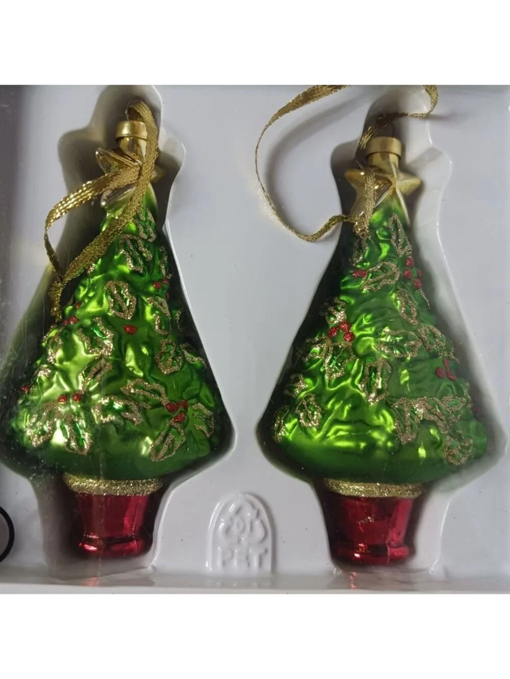Ikea Set Of 2  Christmas Tree Ornaments With Gold Holly Pattern & Red Base